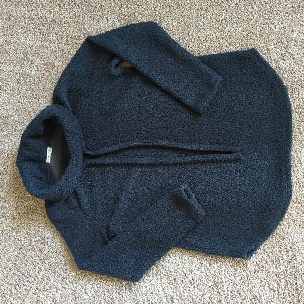 Viamor Sherpa Pullover Womens Sz S Black Fleece Cowl Neck Drawstring Made in USA
